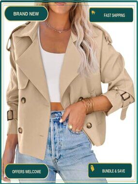 Women Crop Double Breasted Trench Coat Short Cropped Jacket